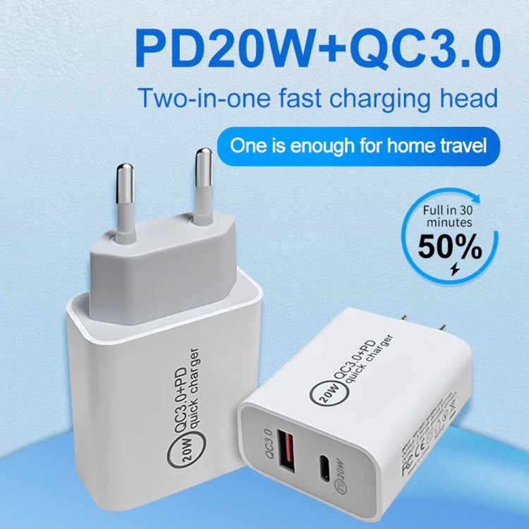 20W PD Type-C + QC 3.0 USB Interface Fast Charging Travel Charger with USB-C / Type-C to 8 Pin Fast Charge Data Cable EU Plug