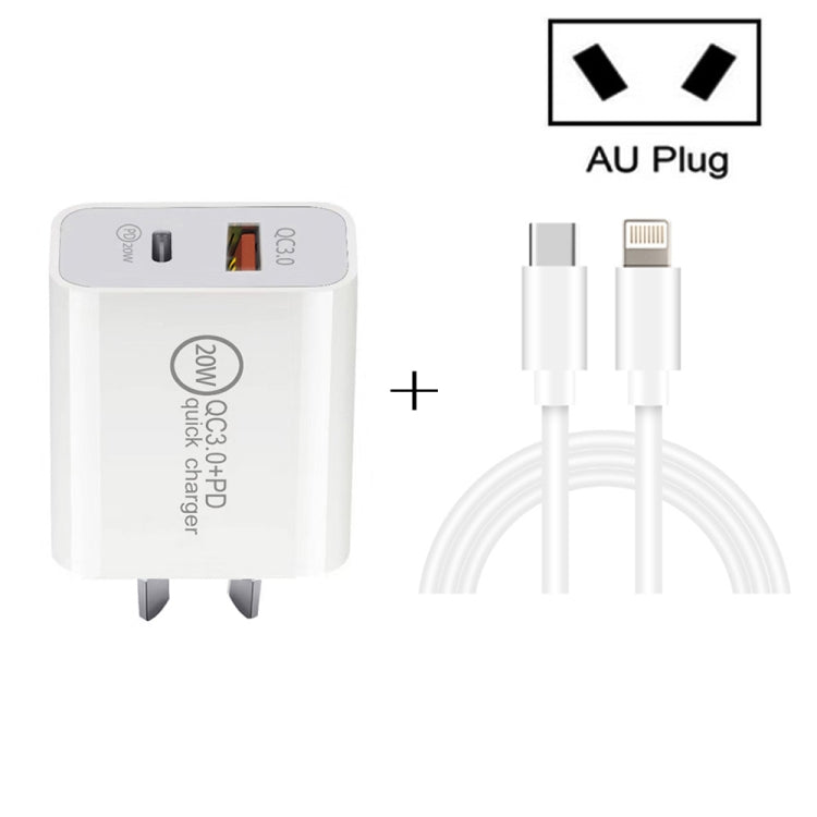 TCS-20WACA 20W PD Type-C + QC 3.0 USB Interface Fast Charging Travel Charger with USB-C / Type-C to 8 Pin Fast Charge Data Cable AU Plug