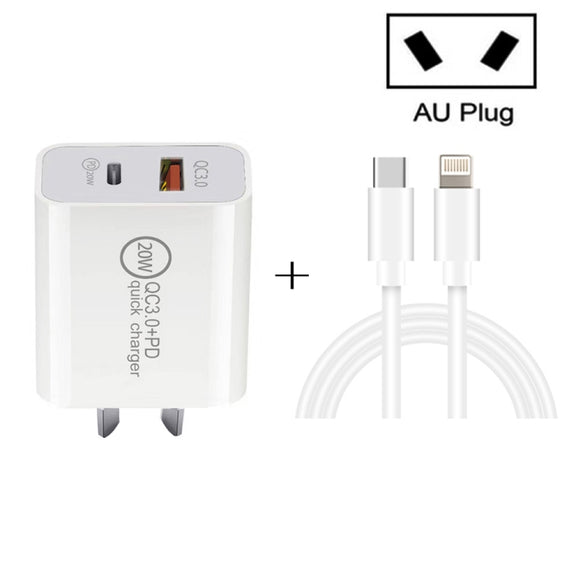 TCS-20WACA 20W PD Type-C + QC 3.0 USB Interface Fast Charging Travel Charger with USB-C / Type-C to 8 Pin Fast Charge Data Cable AU Plug