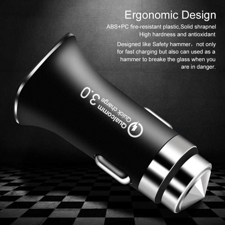 LZ-328 Safety Hammer Type QC3.0 USB  Fast Charging Car Charger(Black)