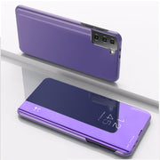 For Samsung Galaxy S21 FE Plated Mirror Horizontal Flip Leather Case with Holder(Purple Blue)