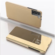 For Samsung Galaxy S21 FE Plated Mirror Horizontal Flip Leather Case with Holder(Gold)