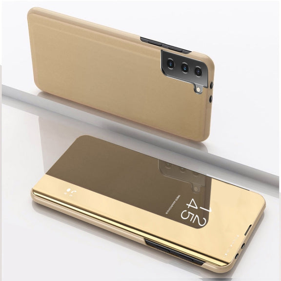 For Samsung Galaxy S21 FE Plated Mirror Horizontal Flip Leather Case with Holder(Gold)