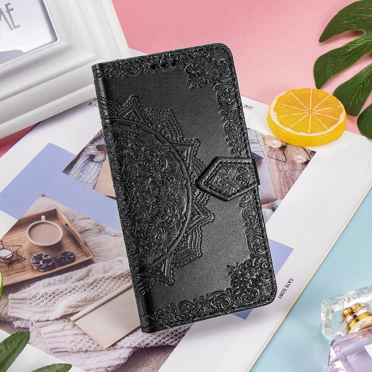 For Samsung Galaxy A22 5G Mandala Embossing Pattern Horizontal Flip Leather Case with Holder & Card Slots & Wallet & Lanyard(Black)