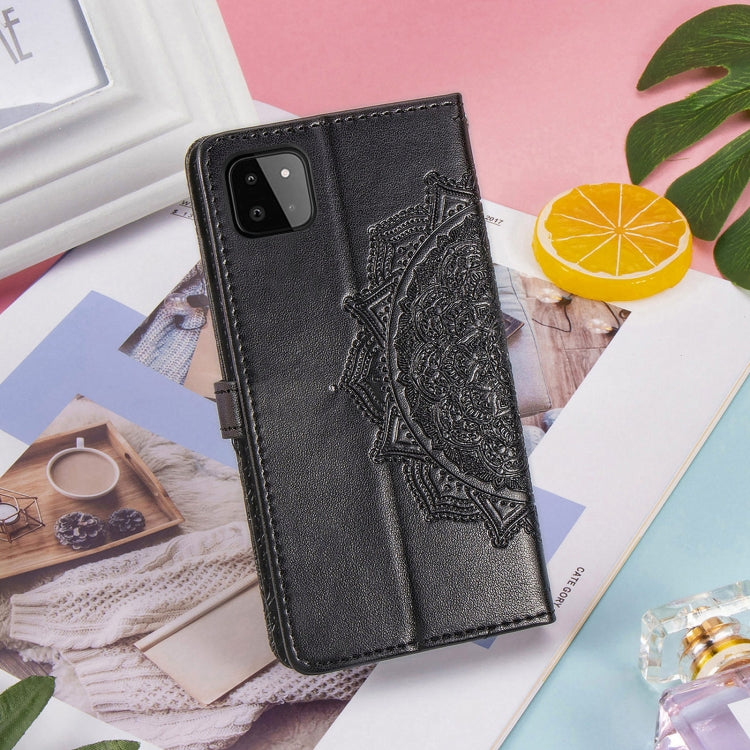 For Samsung Galaxy A22 5G Mandala Embossing Pattern Horizontal Flip Leather Case with Holder & Card Slots & Wallet & Lanyard(Black)