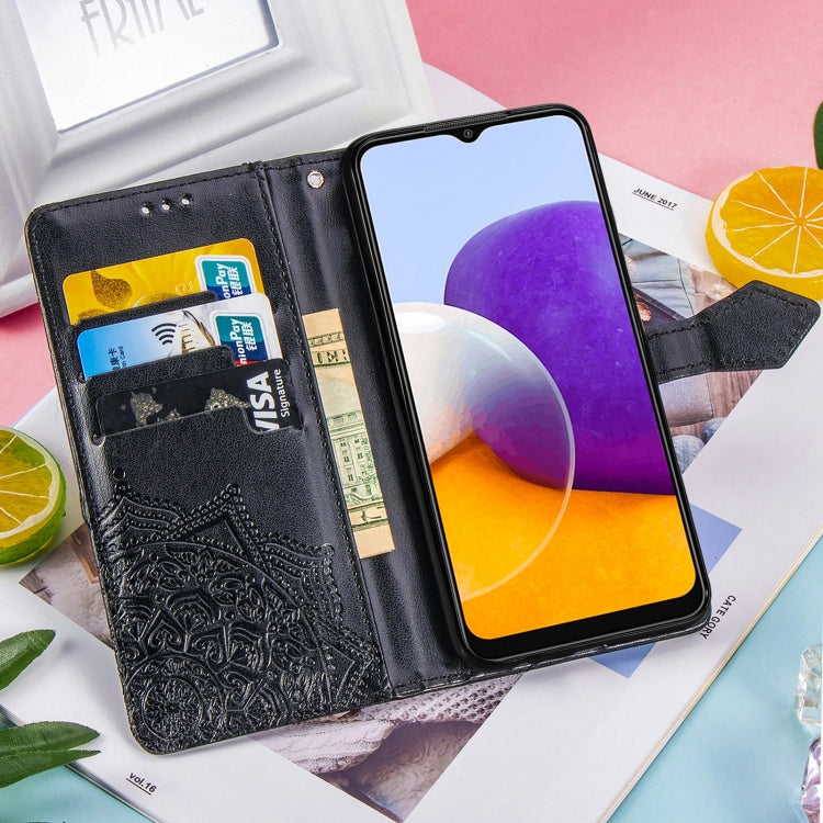 For Samsung Galaxy A22 5G Mandala Embossing Pattern Horizontal Flip Leather Case with Holder & Card Slots & Wallet & Lanyard(Black)