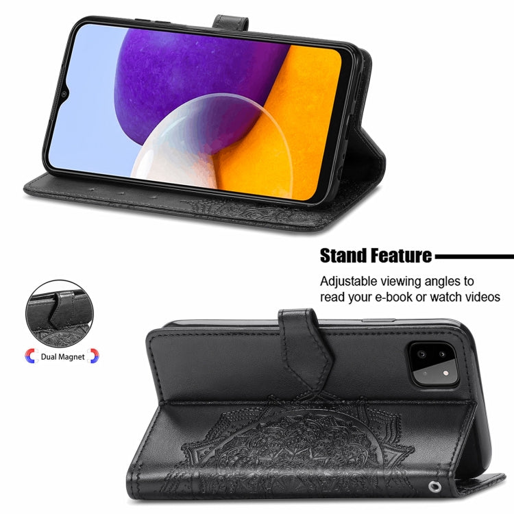 For Samsung Galaxy A22 5G Mandala Embossing Pattern Horizontal Flip Leather Case with Holder & Card Slots & Wallet & Lanyard(Black)