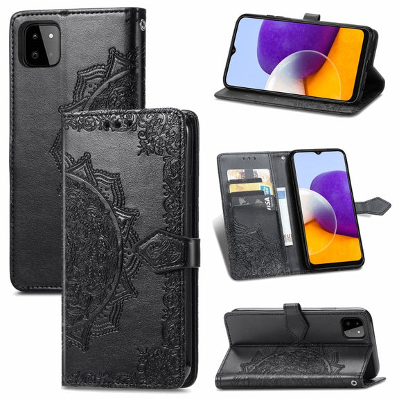 For Samsung Galaxy A22 5G Mandala Embossing Pattern Horizontal Flip Leather Case with Holder & Card Slots & Wallet & Lanyard(Black)
