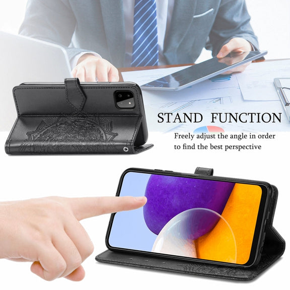 For Samsung Galaxy A22 5G Mandala Embossing Pattern Horizontal Flip Leather Case with Holder & Card Slots & Wallet & Lanyard(Black)