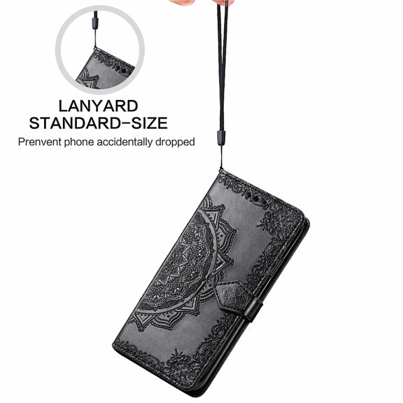 For Samsung Galaxy A22 5G Mandala Embossing Pattern Horizontal Flip Leather Case with Holder & Card Slots & Wallet & Lanyard(Black)