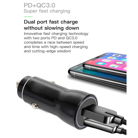P21 PD 20W USB-C / Type-C + QC3.0 18W USB Fast Car Charger with USB-C / Type-C to 8 Pin Data Cable Set(White)
