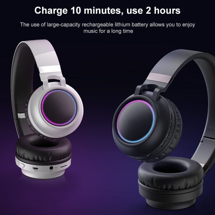 BD01 Colorful LED Bluetooth 5.0 Headphones Foldable Wireless HiFi Stereo Headset with Mic, Support TF Card / 3.5mm AUX(White)