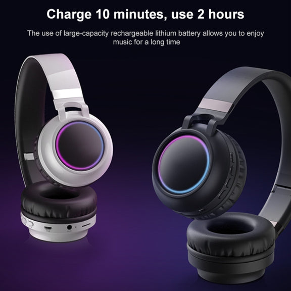BD01 Colorful LED Bluetooth 5.0 Headphones Foldable Wireless HiFi Stereo Headset with Mic, Support TF Card / 3.5mm AUX(White)