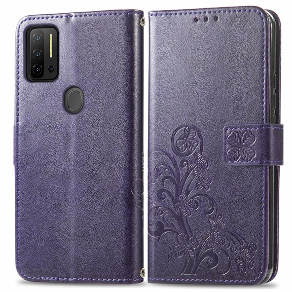 For Ulefone Note 11 Plus Four-leaf Clasp Embossed Buckle Mobile Phone Protection Leather Case with Lanyard & Card Slot & Wallet & Bracket Function(Purple)
