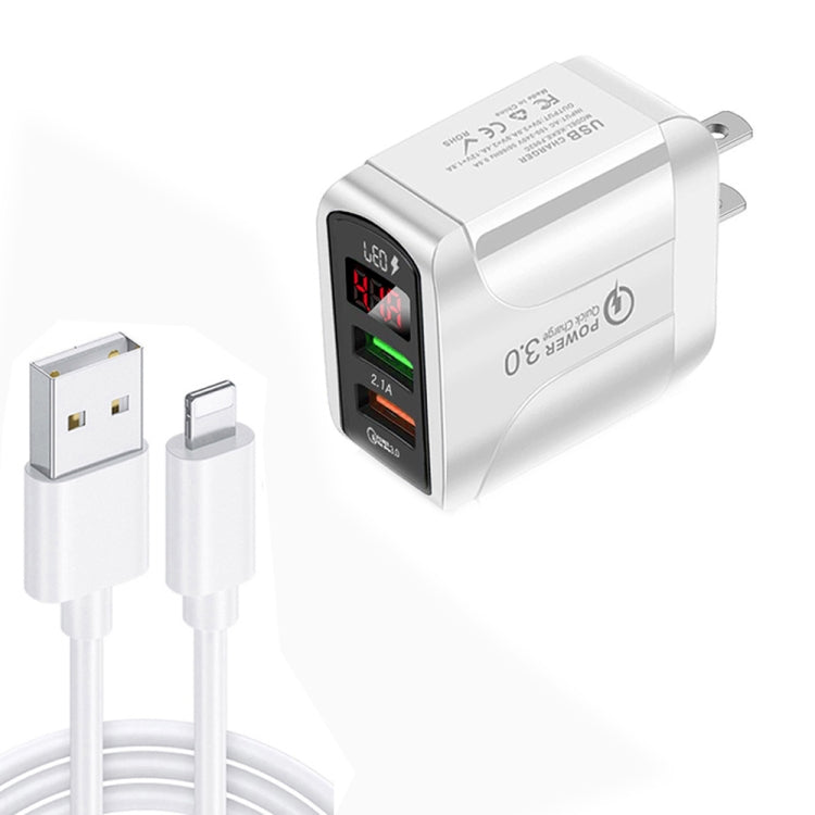 F002C QC3.0 USB + USB 2.0 LED Digital Display Fast Charger with USB to 8 Pin Data Cable, US Plug(White)