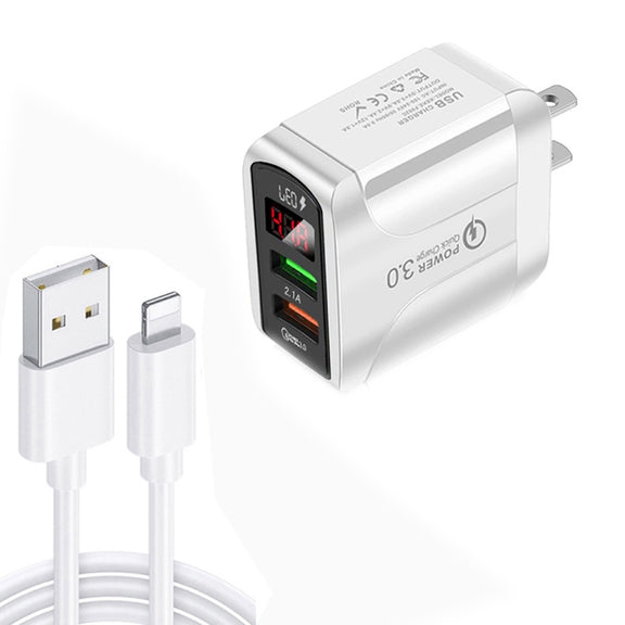 F002C QC3.0 USB + USB 2.0 LED Digital Display Fast Charger with USB to 8 Pin Data Cable, US Plug(White)