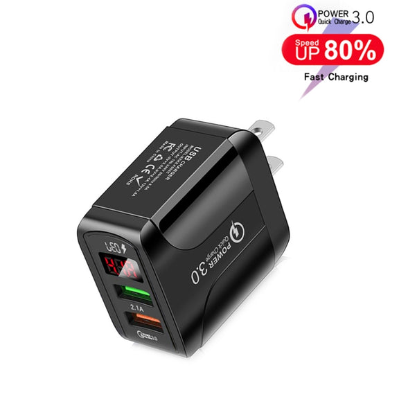 F002C QC3.0 USB + USB 2.0 LED Digital Display Fast Charger with USB to 8 Pin Data Cable, US Plug(Black)