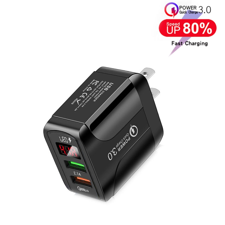 F002C QC3.0 USB + USB 2.0 LED Digital Display Fast Charger with USB to 8 Pin Data Cable, US Plug(Black)