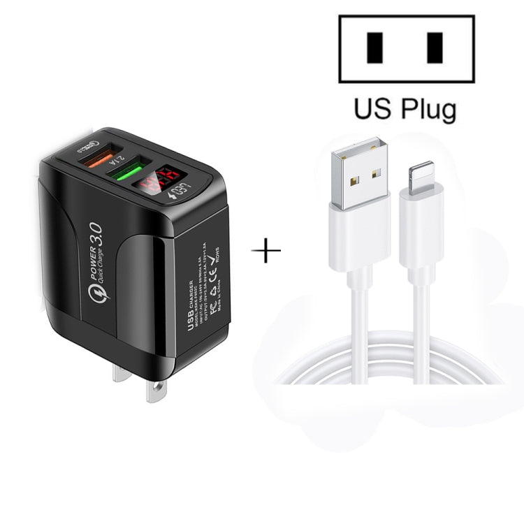 F002C QC3.0 USB + USB 2.0 LED Digital Display Fast Charger with USB to 8 Pin Data Cable, US Plug(White)