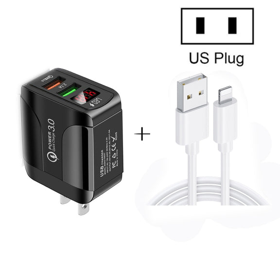 F002C QC3.0 USB + USB 2.0 LED Digital Display Fast Charger with USB to 8 Pin Data Cable, US Plug(White)
