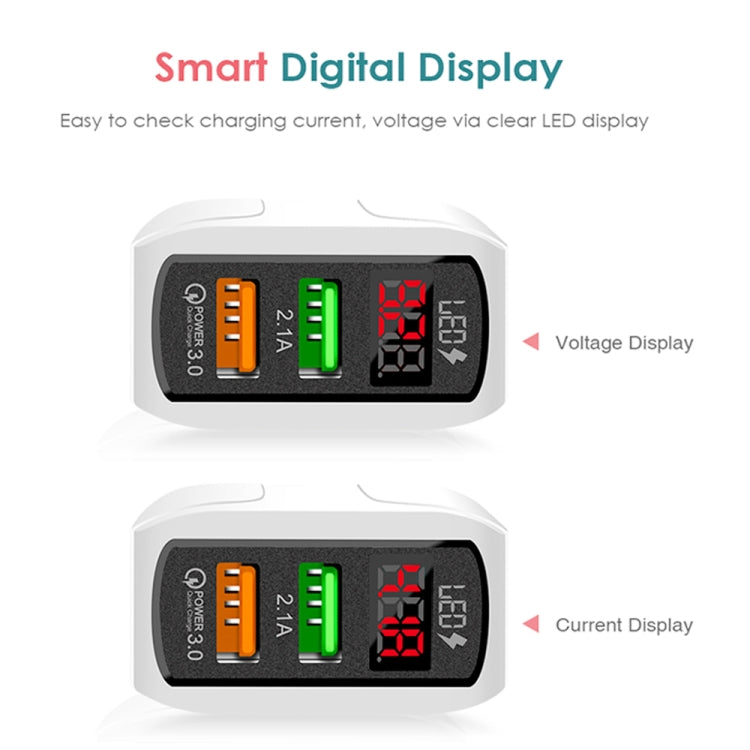 F002C QC3.0 USB + USB 2.0 LED Digital Display Fast Charger with USB to 8 Pin Data Cable, US Plug(White)