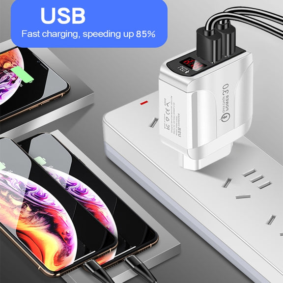 F002C QC3.0 USB + USB 2.0 LED Digital Display Fast Charger with USB to 8 Pin Data Cable, US Plug(White)