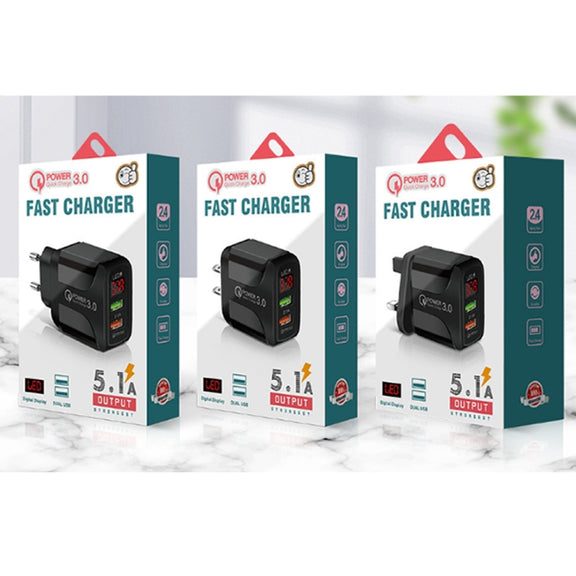 F002C QC3.0 USB + USB 2.0 LED Digital Display Fast Charger with USB to 8 Pin Data Cable, US Plug(White)