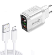 F002C QC3.0 USB + USB 2.0 LED Digital Display Fast Charger with USB to 8 Pin Data Cable, EU Plug(White)