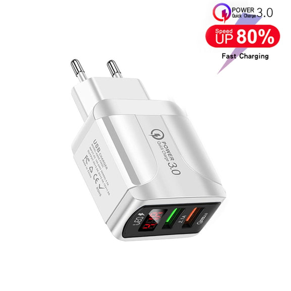 F002C QC3.0 USB + USB 2.0 LED Digital Display Fast Charger with USB to 8 Pin Data Cable, EU Plug(White)