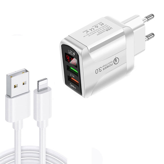F002C QC3.0 USB + USB 2.0 LED Digital Display Fast Charger with USB to 8 Pin Data Cable, EU Plug(White)