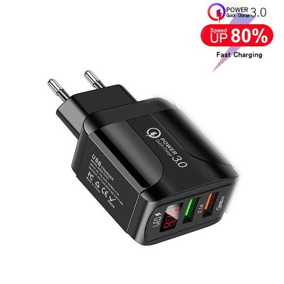 F002C QC3.0 USB + USB 2.0 LED Digital Display Fast Charger with USB to 8 Pin Data Cable, EU Plug(Black)