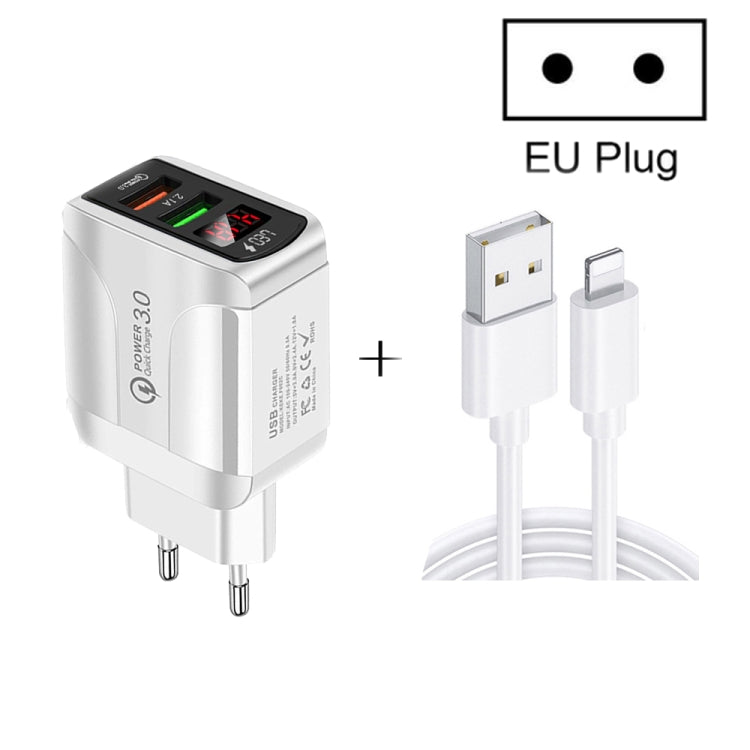 F002C QC3.0 USB + USB 2.0 LED Digital Display Fast Charger with USB to 8 Pin Data Cable, EU Plug(Black)