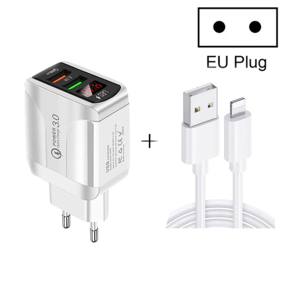 F002C QC3.0 USB + USB 2.0 LED Digital Display Fast Charger with USB to 8 Pin Data Cable, EU Plug(Black)