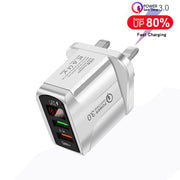 F002C QC3.0 USB + USB 2.0 LED Digital Display Fast Charger with USB to 8 Pin Data Cable, UK Plug(White)