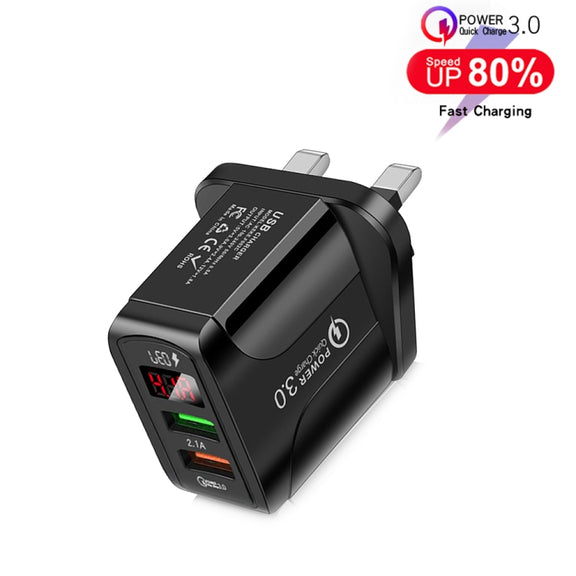 F002C QC3.0 USB + USB 2.0 LED Digital Display Fast Charger with USB to 8 Pin Data Cable, UK Plug(Black)