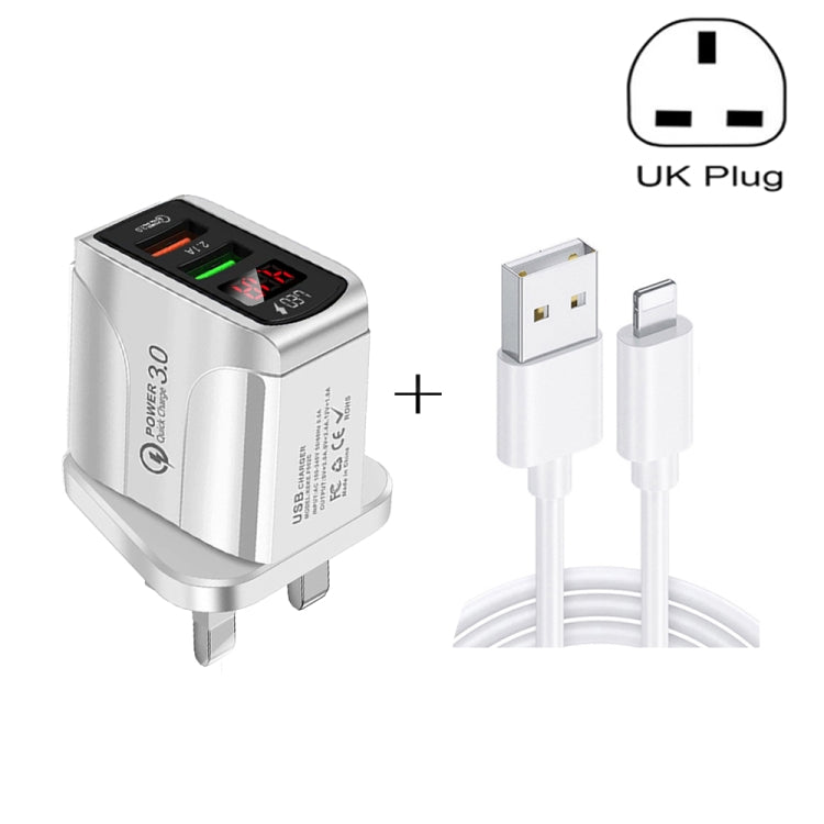 F002C QC3.0 USB + USB 2.0 LED Digital Display Fast Charger with USB to 8 Pin Data Cable, UK Plug(White)