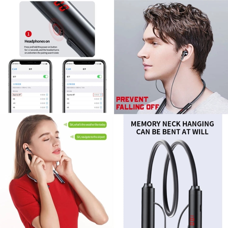 960 Neckband Magnetic Stereo Headphone with LED Display Support TF Card(Black)
