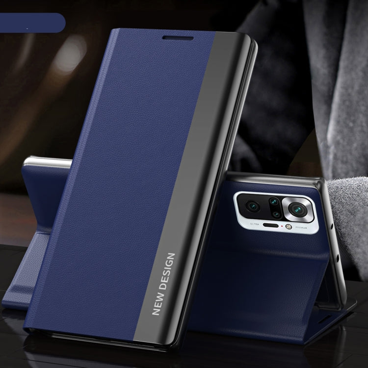 For Xiaomi Redmi Note 10 Pro / Note 10 Pro Max Side Electroplated Magnetic Ultra-Thin Horizontal Flip Leather Case with Holder(Blue)