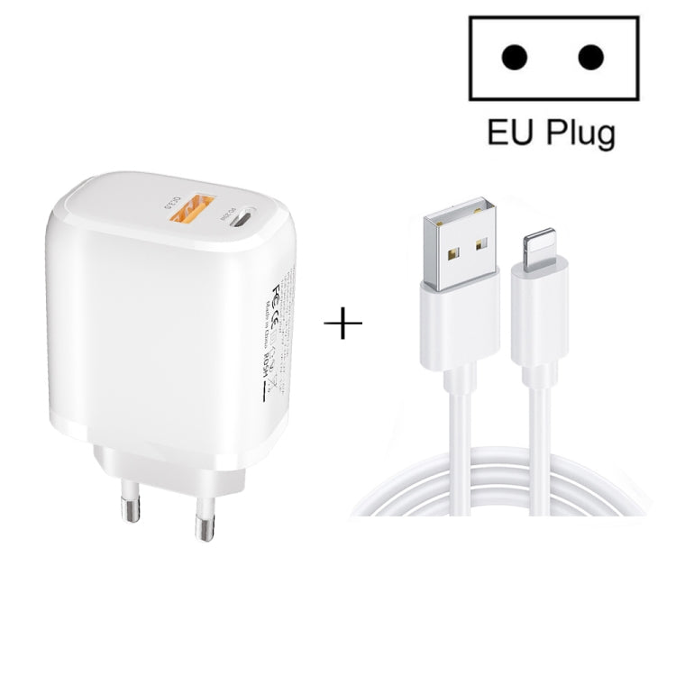 CS-20W Mini Portable PD3.0 + QC3.0 Dual Ports Fast Charger with 3A USB to 8 Pin Data Cable(EU Plug)