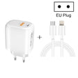 CS-20W Mini Portable PD3.0 + QC3.0 Dual Ports Fast Charger with 3A Type-C to 8 Pin Data Cable(EU Plug) - free shipping - PMC TechLife - Order now!