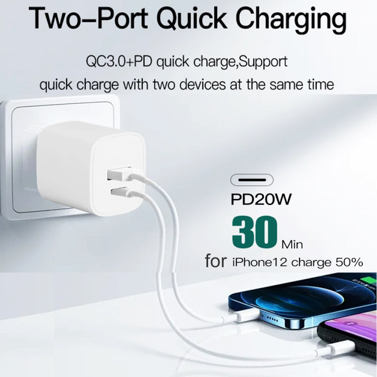 CS-20W Mini Portable PD3.0 + QC3.0 Dual Ports Fast Charger with 3A Type-C to 8 Pin Data Cable(EU Plug)