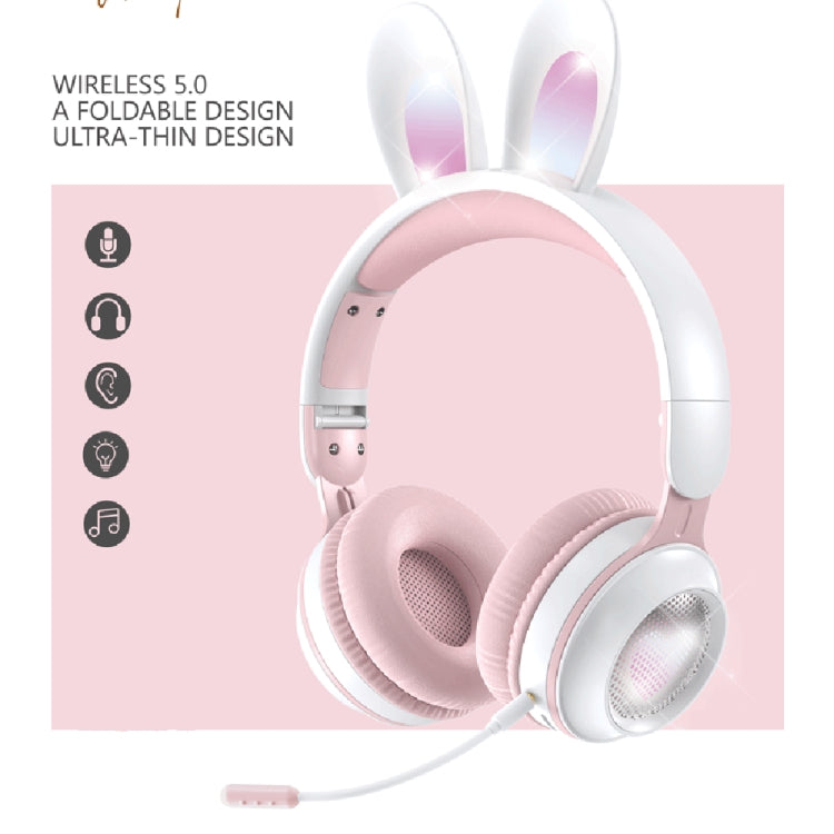 KE-01 Rabbit Ear Wireless Bluetooth 5.0 Stereo Music Foldable Headset with Mic For PC(White Pink)