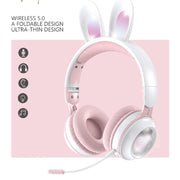 KE-01 Rabbit Ear Wireless Bluetooth 5.0 Stereo Music Foldable Headset with Mic For PC(White Pink)