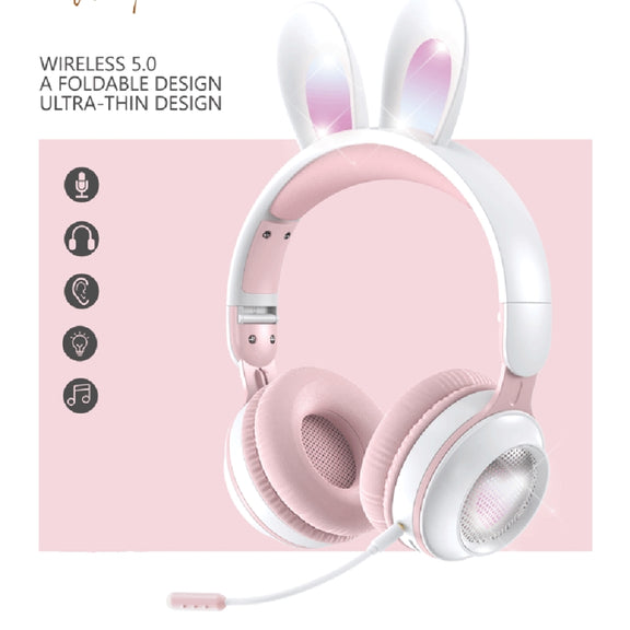 KE-01 Rabbit Ear Wireless Bluetooth 5.0 Stereo Music Foldable Headset with Mic For PC(White Pink)