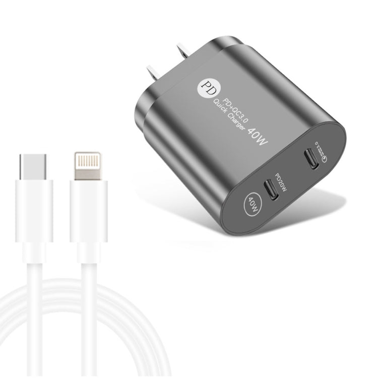 002 40W Dual Port PD / Type-C Fast Charger with USB-C to 8 Pin Data Cable, US Plug(Black)