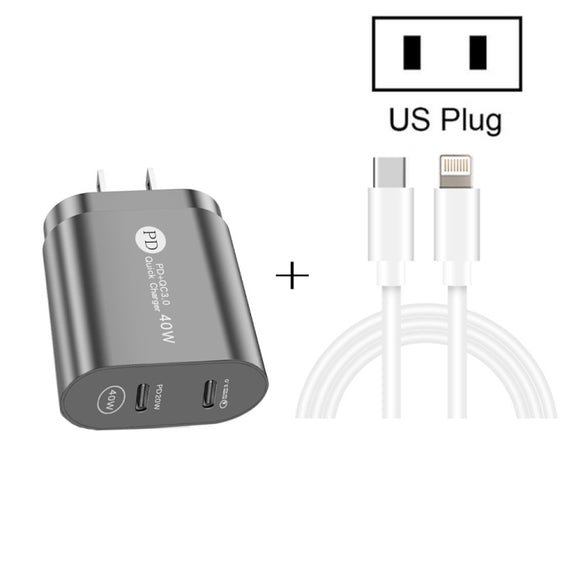 002 40W Dual Port PD / Type-C Fast Charger with USB-C to 8 Pin Data Cable, US Plug(Black)