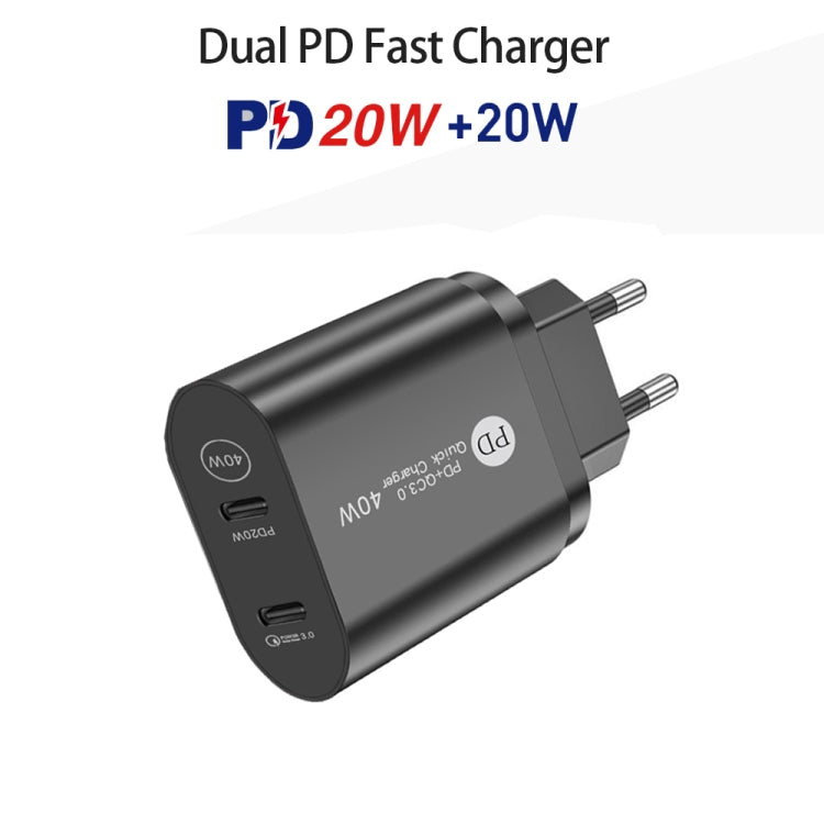 002 40W Dual Port PD / Type-C Fast Charger with USB-C to 8 Pin Data Cable, EU Plug(Black)