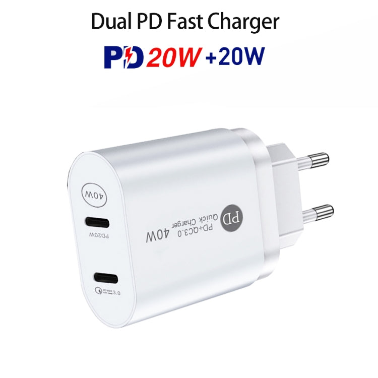 002 40W Dual Port PD / Type-C Fast Charger with USB-C to 8 Pin Data Cable, EU Plug(White)