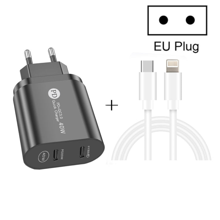 002 40W Dual Port PD / Type-C Fast Charger with USB-C to 8 Pin Data Cable, EU Plug(Black)