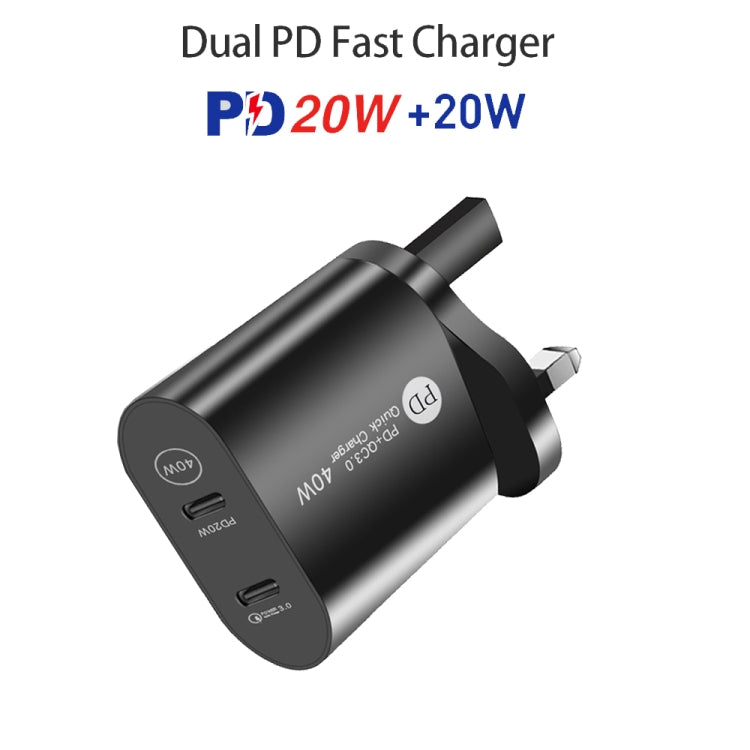 002 40W Dual Port PD / Type-C Fast Charger with USB-C to 8 Pin Data Cable, UK Plug(Black)